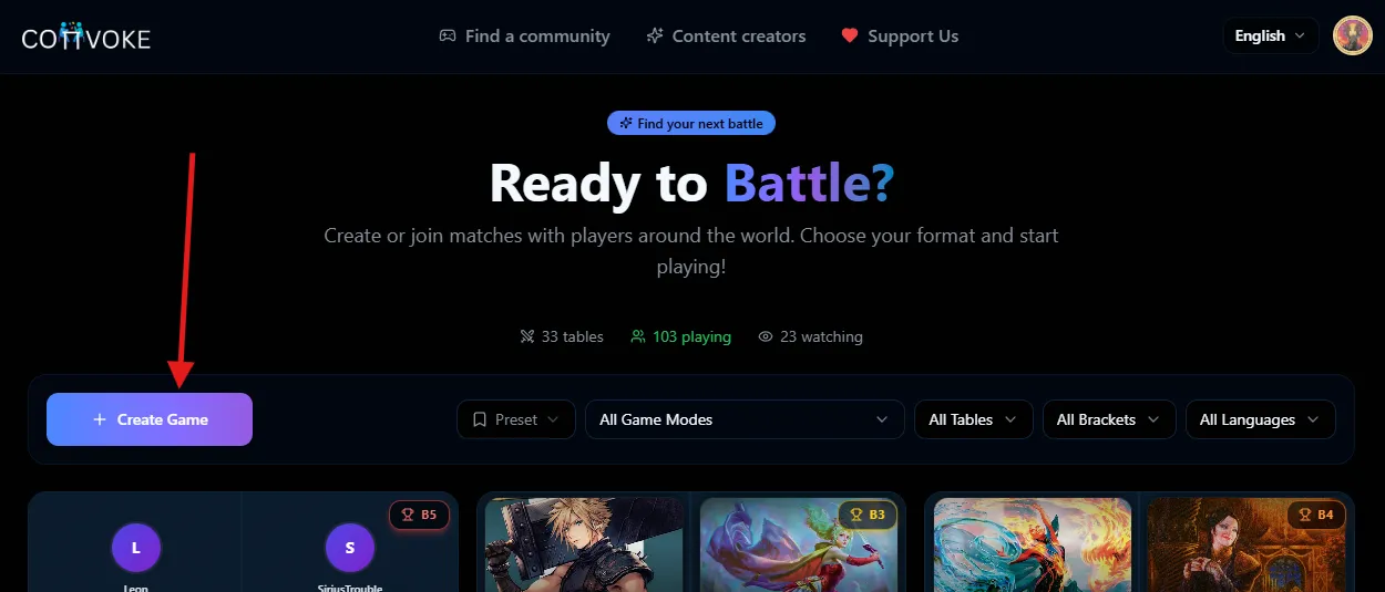 Convoke Create Game Knop