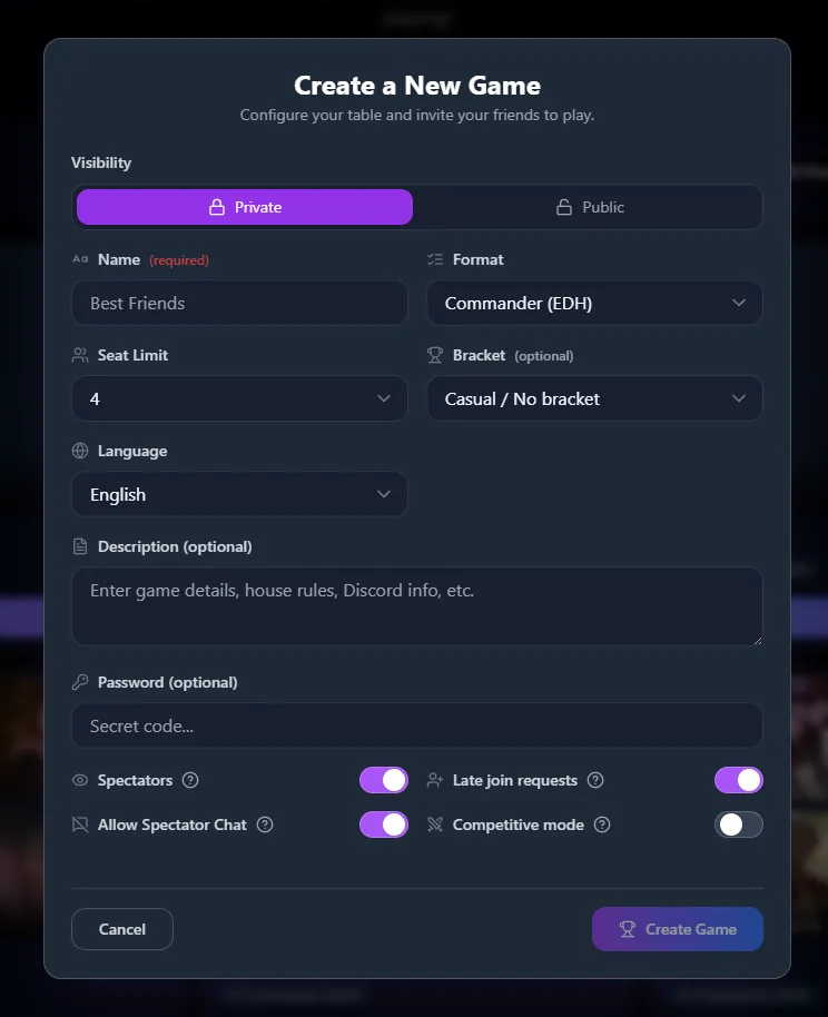 Convoke Create Game Popup